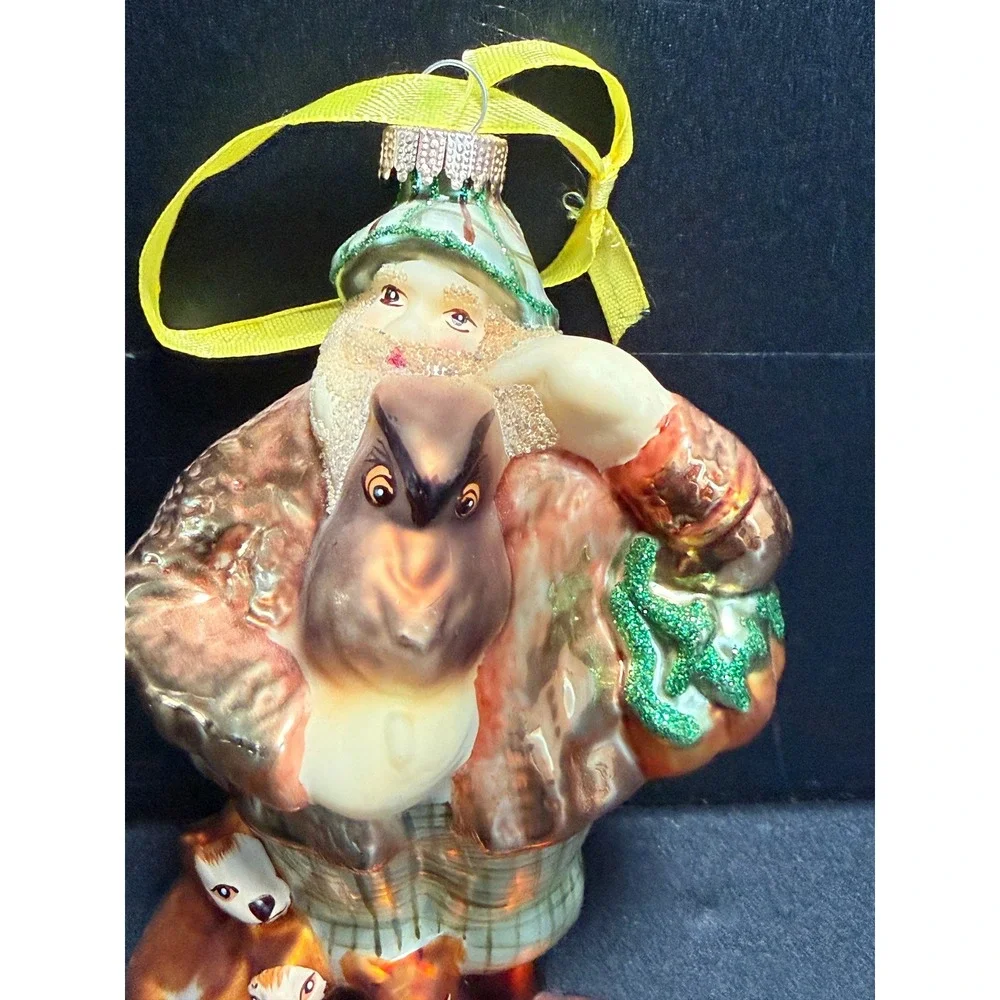 Dillards Woodland Santa Owl Foxes Glass Christmas Ornament Plaid Pants Glitter